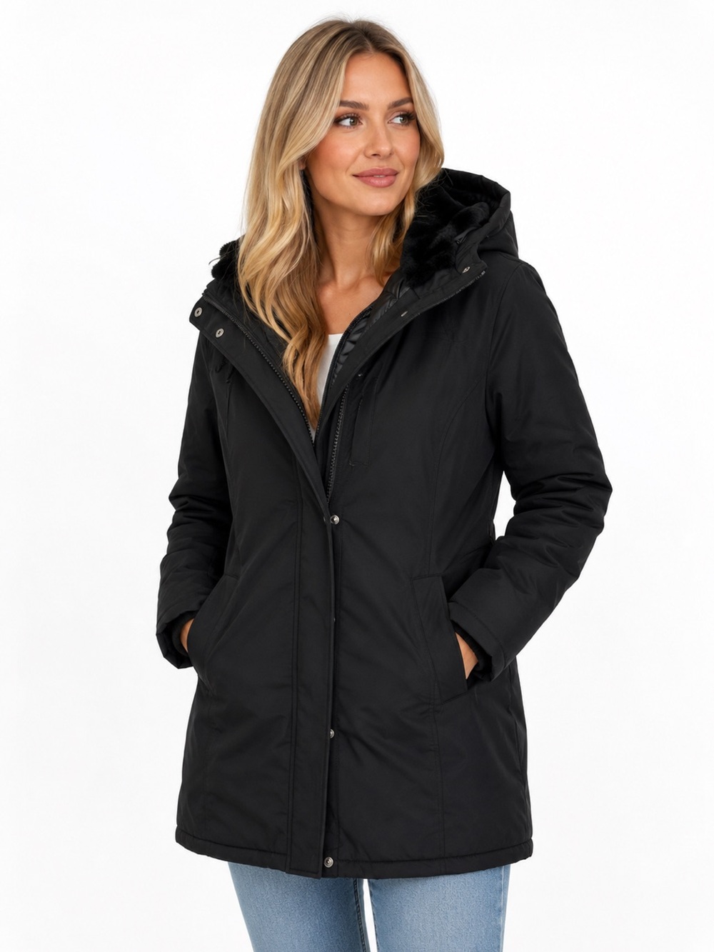 Abercrombie & Fitch Black Quilted Parka with Faux Fur Collar and Hood